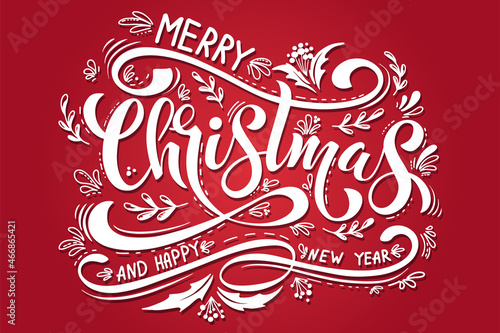 Merry Christmas and Happy New Year hand lettering calligraphy. Vector holiday illustration element. Typographic element for congratulations.