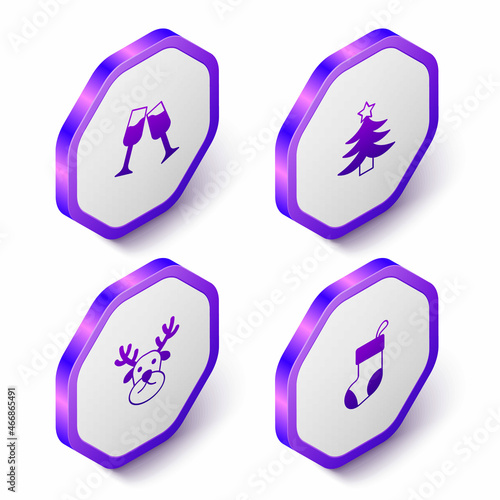 Set Isometric Glass of champagne, Christmas tree, Reindeer and stocking icon. Purple hexagon button. Vector