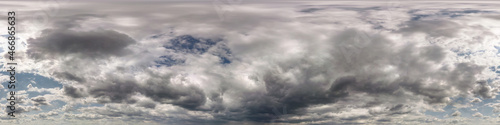 blue sky with dark beautiful clouds before storm. Seamless hdri panorama 360 degrees angle view with zenith for use in 3d graphics or game development as sky dome or edit drone shot