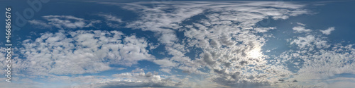 blue sky hdri 360 panorama with white beautiful clouds in seamless projection with zenith for use in 3d graphics or game development as sky dome or edit drone shot for sky replacement © hiv360