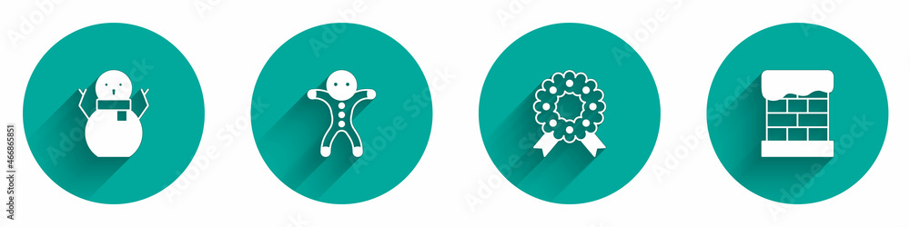 Set Christmas snowman, Holiday gingerbread cookie, wreath and chimney icon with long shadow. Vector Set Christmas snowman, Holiday gingerbread cookie, wreath and chimney icon with long shadow. Vector