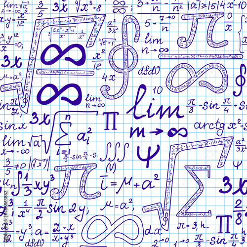 Math vector seamless pattern with handwritten formulas, infinity symbols, square root expressions