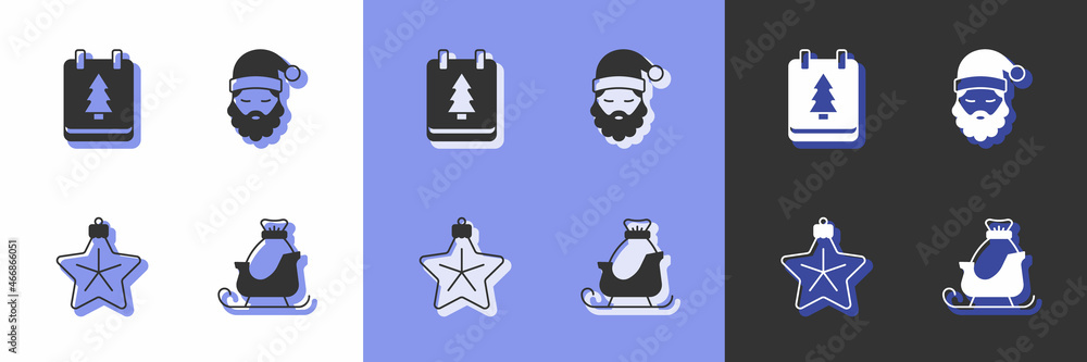 Set Christmas santa claus sleigh, day calendar, star and Santa Claus hat and beard icon. Vector Set Christmas santa claus sleigh, day calendar, star and Santa Claus hat and beard icon. Vector