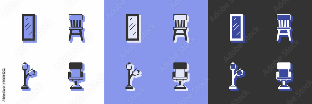 Set Office chair, Big full length mirror, Floor lamp and Chair icon. Vector Set Office chair, Big full length mirror, Floor lamp and Chair icon. Vector