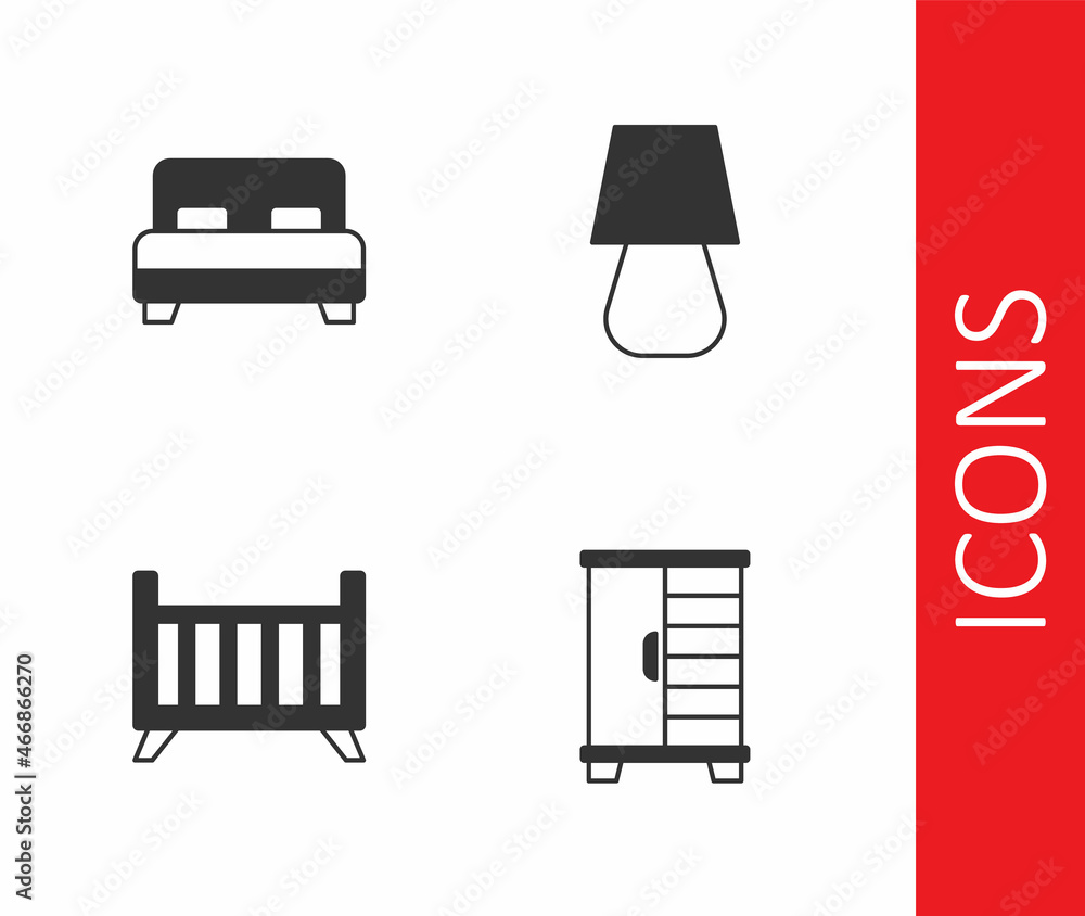 Set Wardrobe, Big bed, Baby crib cradle and Table lamp icon. Vector Set Wardrobe, Big bed, Baby crib cradle and Table lamp icon. Vector