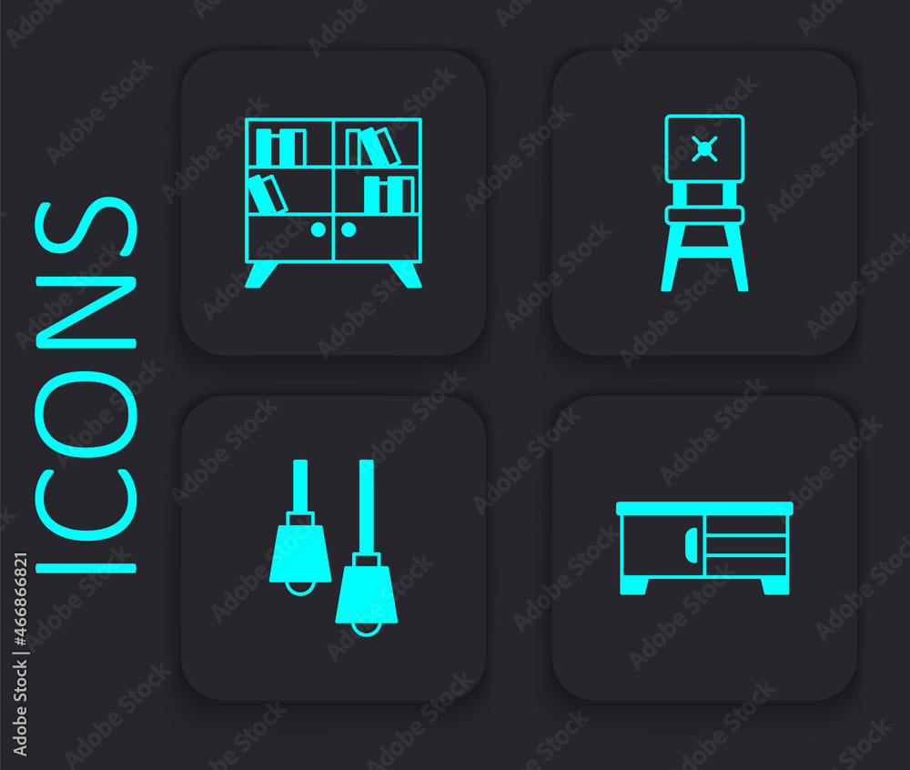 Set TV table stand, Library bookshelf, Chair and Lamp hanging icon. Black square button. Vector Set TV table stand, Library bookshelf, Chair and Lamp hanging icon. Black square button. Vector