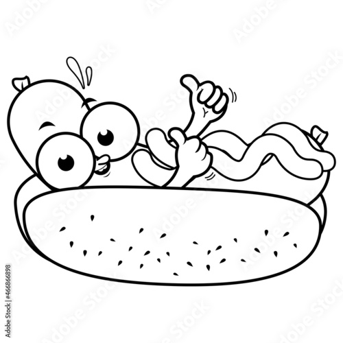 Cartoon hot dog. Vector black and white coloring page