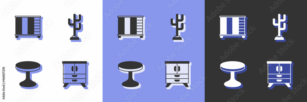 Set Chest of drawers, Wardrobe, Round table and Coat stand icon. Vector Set Chest of drawers, Wardrobe, Round table and Coat stand icon. Vector