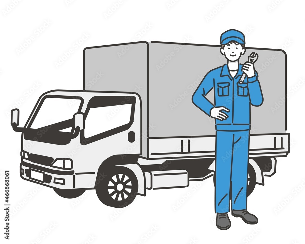 トラックと工具を持つ自動車整備士のベクターイラスト素材 車 車検 修理 Stock Vector Adobe Stock