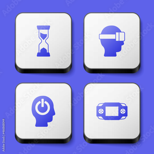 Set Old hourglass, Virtual reality glasses, Power button and Portable video game console icon. White square button. Vector