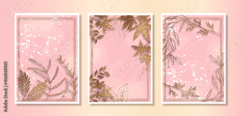Cards set with watercolor and gold plants. Abstract art vector with gold elements. Effective cards with botanical leaves and organic shapes. Watercolor style. Space for your own design.