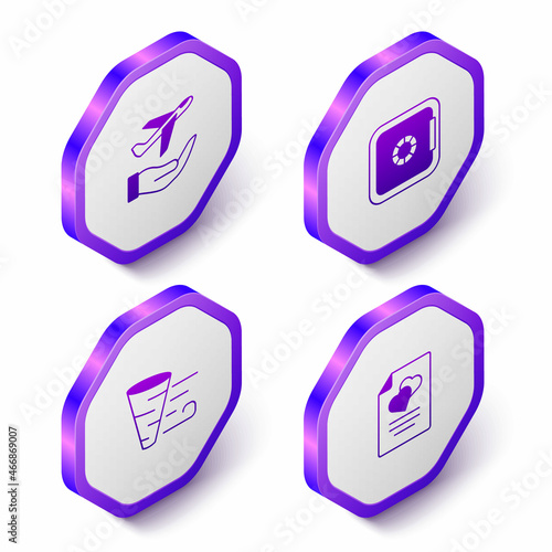 Set Isometric Plane in hand, Safe, Tornado and Marriage contract icon. Purple hexagon button. Vector