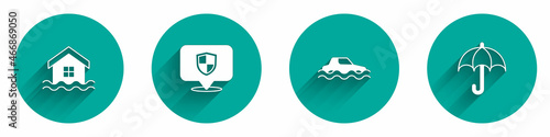 Set House flood, Location shield, Flood car and Umbrella icon with long shadow. Vector
