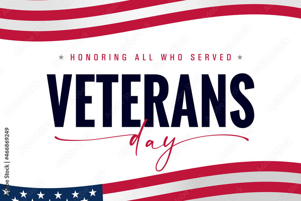 Veterans day USA lettering banner, Honoring all who served. Thank You Veterans with american flag wave background. Vector illustration
