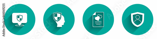 Set Location shield, Life insurance with, Marriage contract and icon with long shadow. Vector