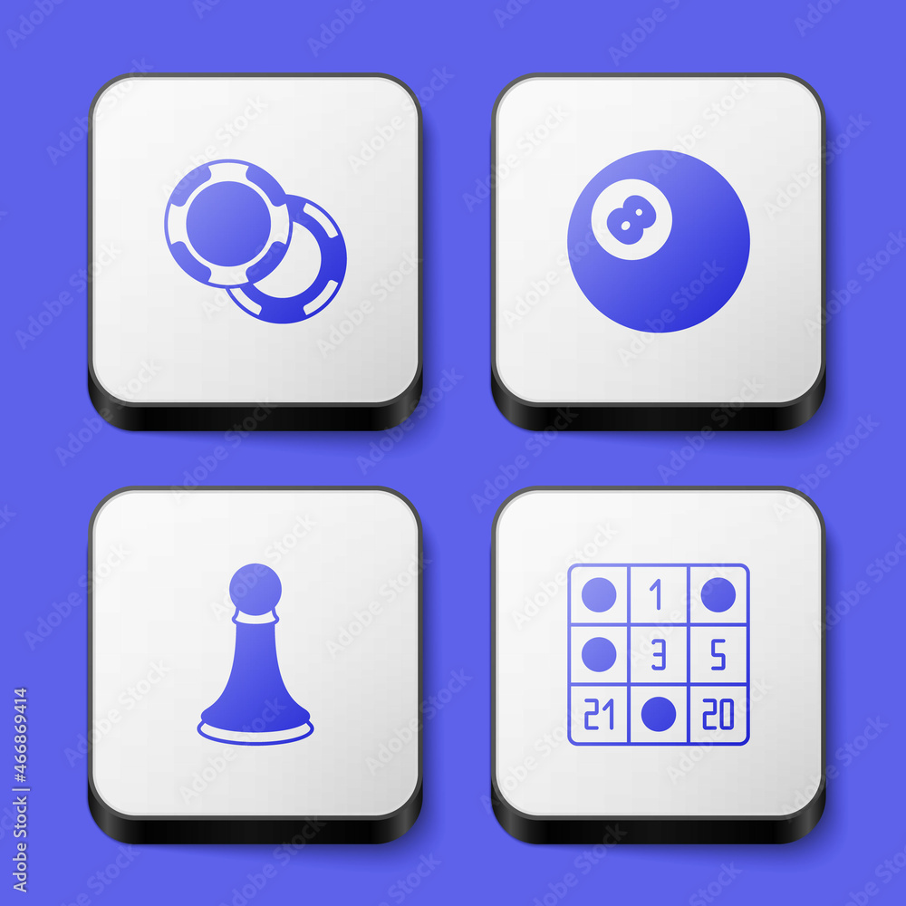 Set Casino chips, Billiard pool snooker ball, Chess pawn and Bingo card icon. White square button. Vector Set Casino chips, Billiard pool snooker ball, Chess pawn and Bingo card icon. White square button. Vector