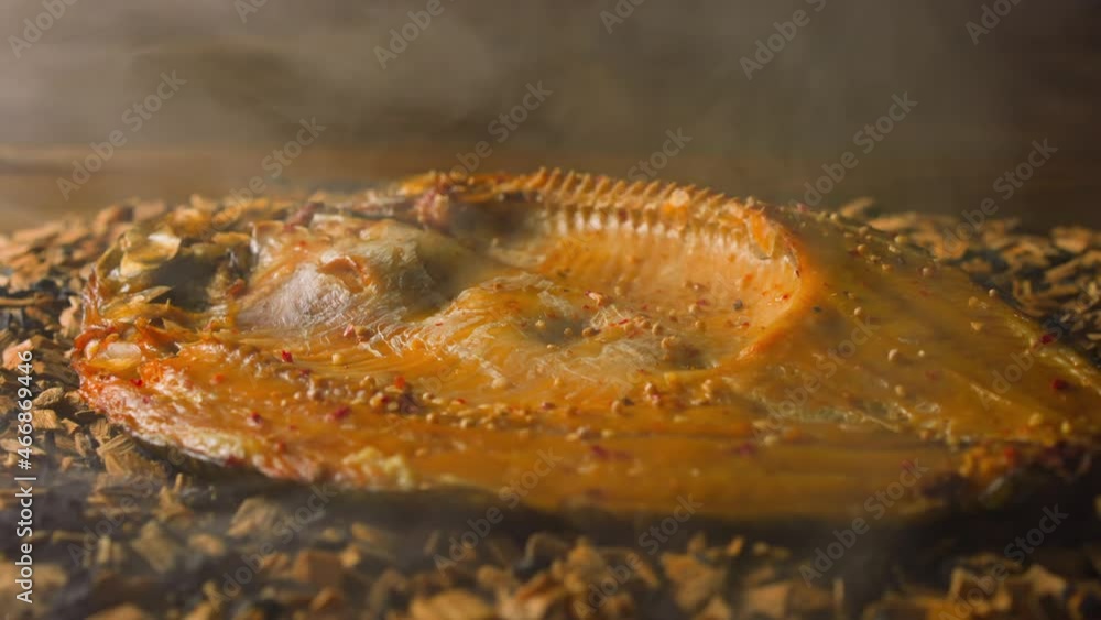 Cooking smoked ide fish with seasonings and crispy crust on decayed shavings and charcoals with floating steam in smokehouse macro slow motion Cooking smoked ide fish with seasonings and crispy crust on decayed shavings and charcoals with floating steam in smokehouse macro slow motion