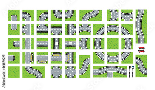 City pattern map elements Roads, cars, grass areas