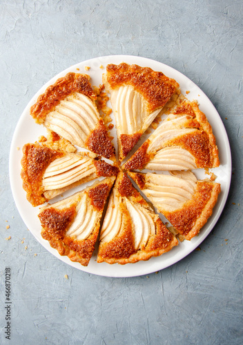 Pear and almond pie, top view