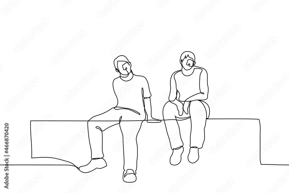 male teenagers sit on the wall or roof - one line drawing vector. teen street leisure concept; procrastination of children