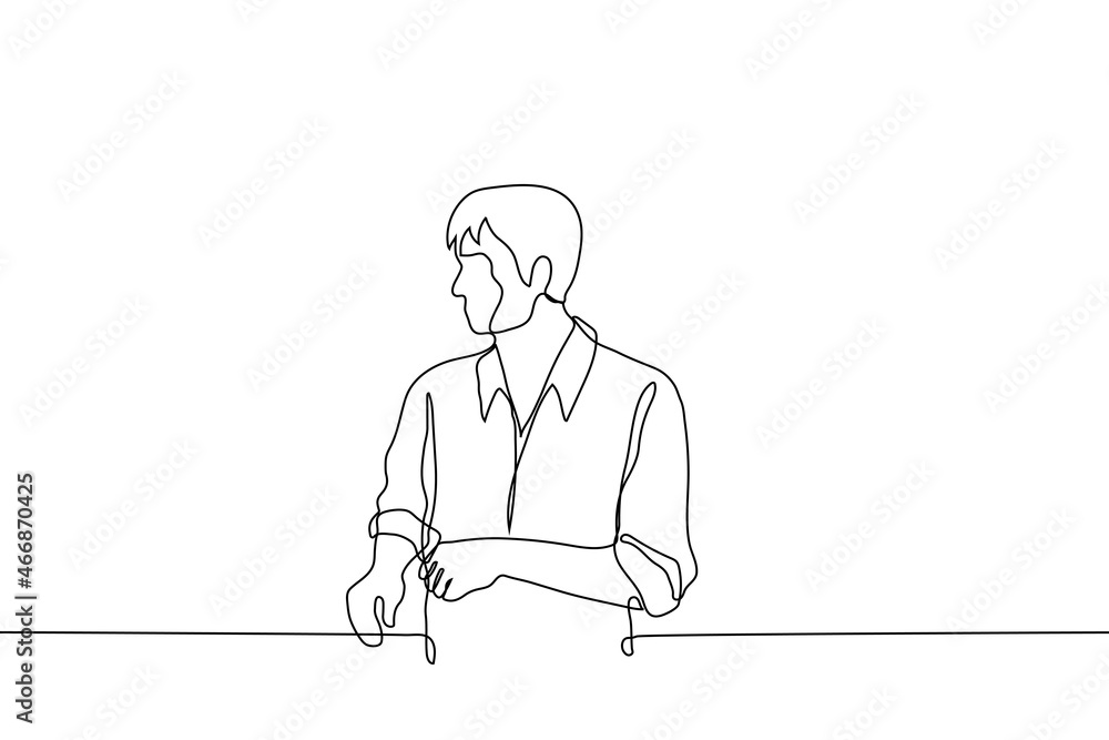 man stands in shirt and rolls up his sleeves - one line drawing vector. wrap up sleeves concept; metaphor for preparation before difficult job or project man stands in shirt and rolls up his sleeves - one line drawing vector. wrap up sleeves concept; metaphor for preparation before difficult job or project