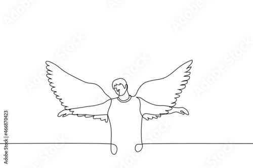 man with wings is standing with his wings spread and his arms to the sides - one line drawing vector. angel concept; metaphor of dreamy person, free thinking person