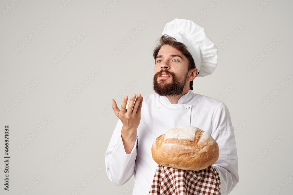 Chef with bread in hand culinary industry Chef with bread in hand culinary industry