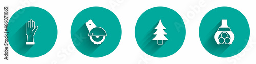Set Protective gloves, Electric circular saw, Tree and Grapple crane grabbed log icon with long shadow. Vector