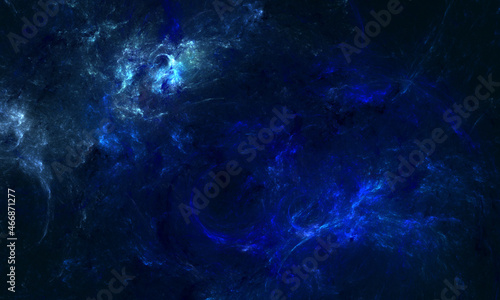 Powerful 3d representation of cloudy interstellar cluster with blue lightnings and flashes. Mesmerizing storm enveloping planets and stars. Deep dark overcast in far fantastic skies. Digital art.