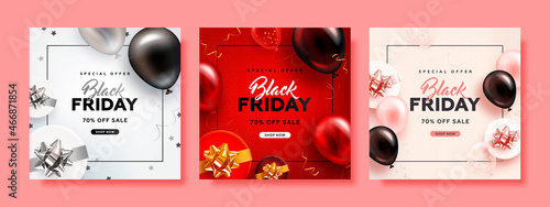 Set of black friday square sale banner with realistic glossy balloons, gift box and discount text. Vector illustration