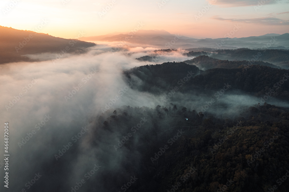 morning fog in the mountains high angle view