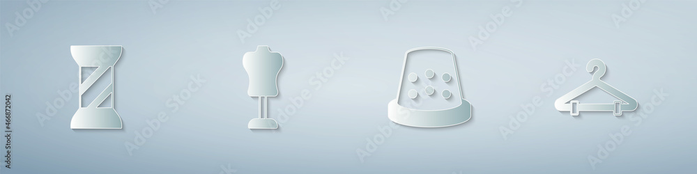 Set Sewing thread on spool, Mannequin, Thimble for sewing and Hanger wardrobe. Paper art style. Vector Set Sewing thread on spool, Mannequin, Thimble for sewing and Hanger wardrobe. Paper art style. Vector