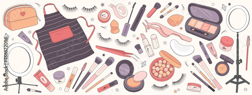 Fotografia Set of make up products, brushes and tools isolated on background