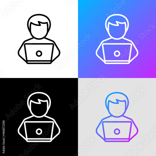 Workplace, man with laptop. Thin line icon. Modern vector illustration.