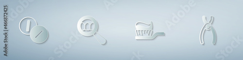 Set Toothache painkiller tablet, Dental search, Toothbrush with toothpaste and pliers. Paper art style. Vector