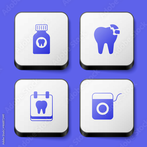 Set Toothache painkiller tablet, Broken tooth, Calendar with and Dental floss icon. White square button. Vector