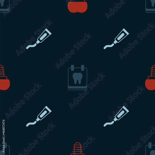 Set Dental implant, Calendar with tooth and Tube of toothpaste on seamless pattern. Vector