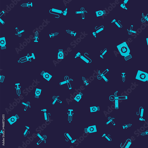 Set Syringe, Toothache painkiller tablet, drill and Dental mirror and probe on seamless pattern. Vector