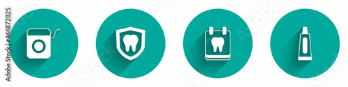 Set Dental floss, protection, Calendar with tooth and Tube of toothpaste icon with long shadow. Vector
