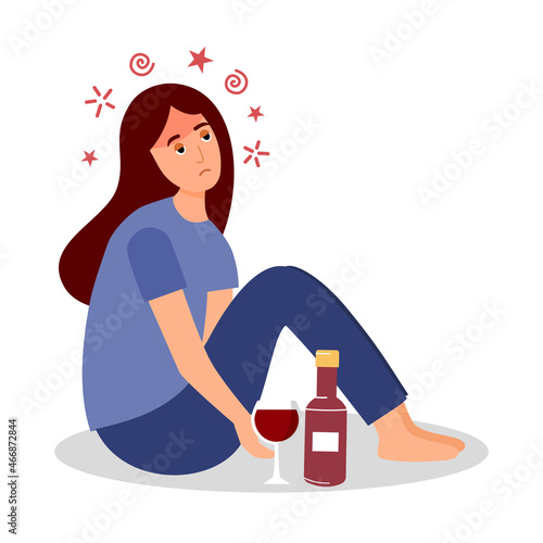 Adult drunk woman sitting with alcohol bottle and wine glass in flat design. Alcoholic character. Alcohol addiction.