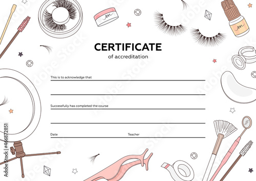 Diploma eyelash extensions. Makeup certificate template. Beauty school or refresher courses for beautician. Vector illustration5