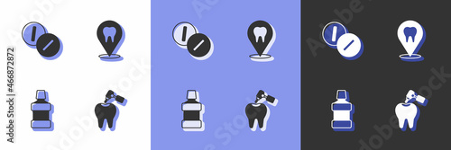 Set Tooth with caries and drill, Toothache painkiller tablet, Mouthwash and Dental clinic location icon. Vector