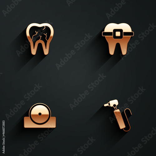 Set Broken tooth, Teeth with braces, Otolaryngological head reflector and Tooth drill icon with long shadow. Vector