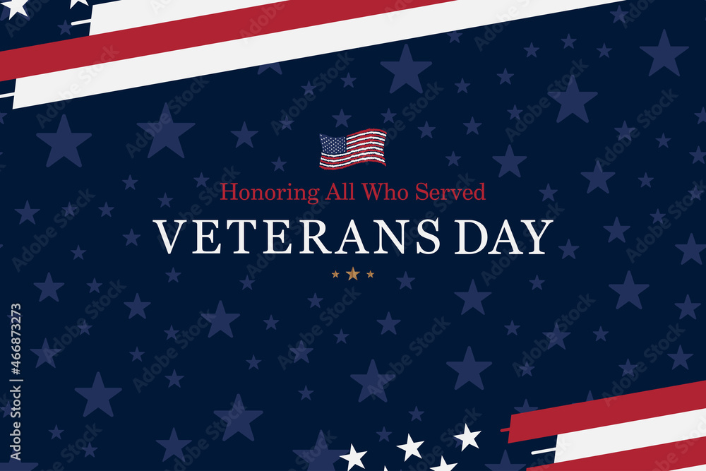 Happy Veterans Day. Greeting card with USA flag on blue background. National American holiday event. Flat vector illustration EPS10. Happy Veterans Day. Greeting card with USA flag on blue background. National American holiday event. Flat vector illustration EPS10.