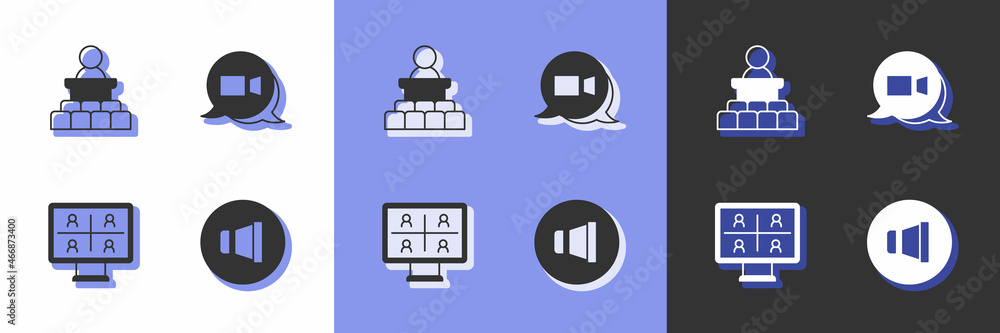 Set Speaker volume, Video chat conference and icon. Vector Set Speaker volume, Video chat conference and icon. Vector