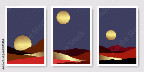 Mountains and golden moon, background with grunge texture vector © natova