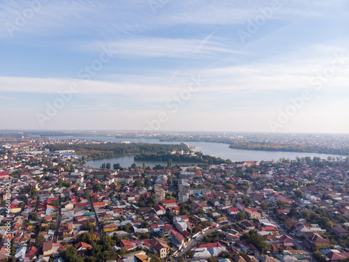 Aerial view of Swan Lake, Family Cultural Center and a part of Pantelimon city, Romania. Autumn 2021.