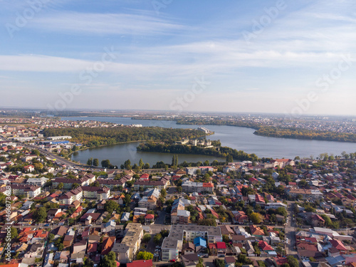 Aerial view of Swan Lake, Family Cultural Center and a part of Pantelimon city, Romania. Autumn 2021.