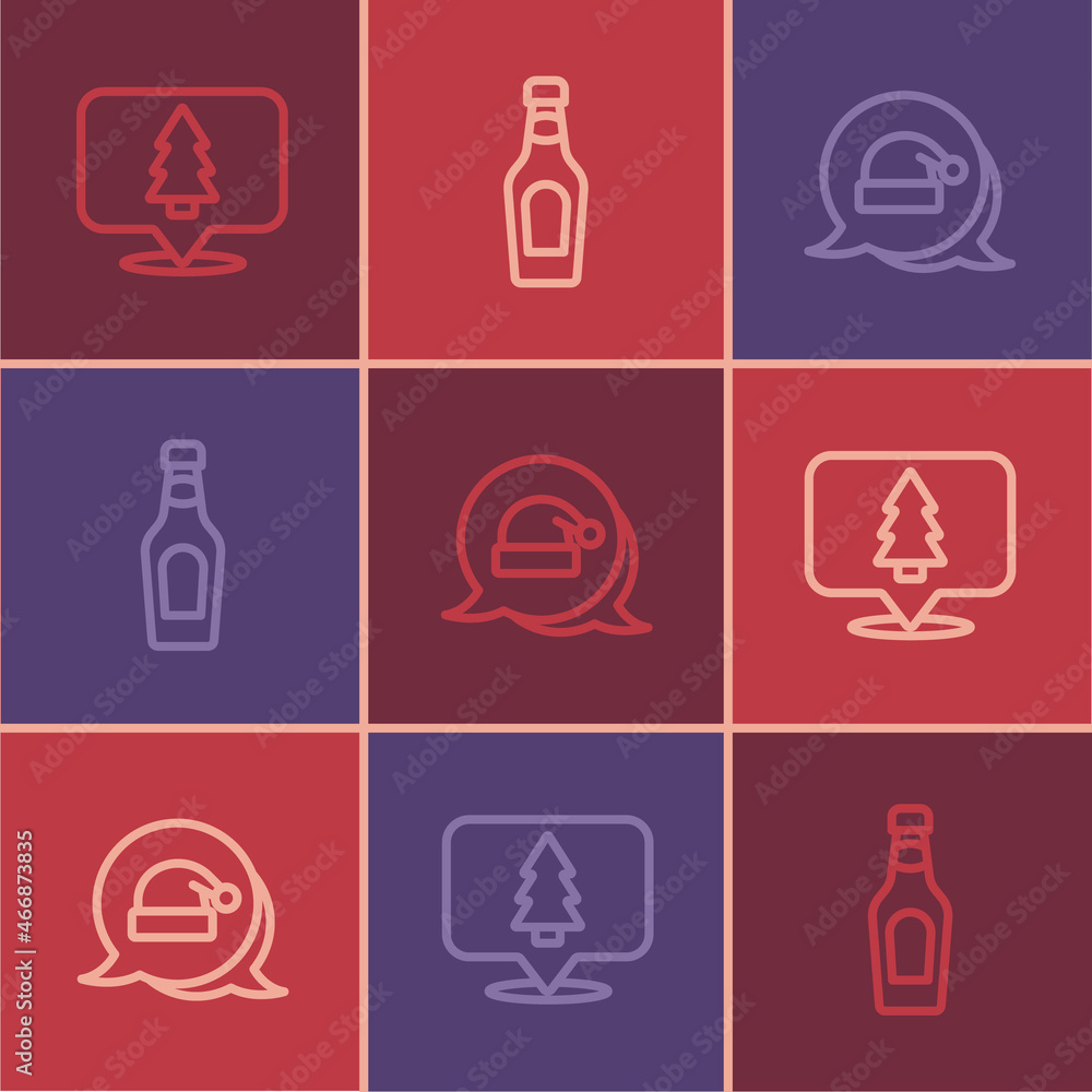 Set line Christmas tree, Santa Claus hat and Champagne bottle icon. Vector Set line Christmas tree, Santa Claus hat and Champagne bottle icon. Vector