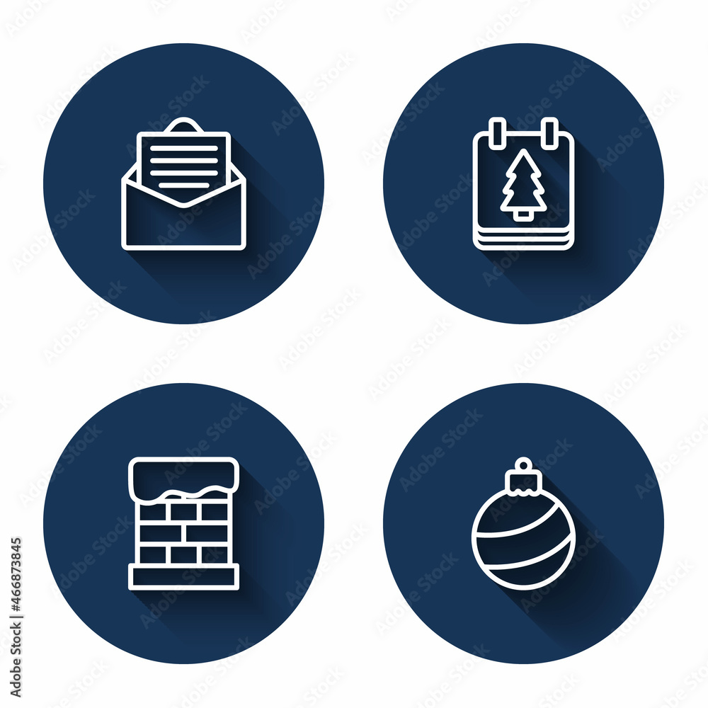 Set line Envelope, Christmas day calendar, chimney and ball with long shadow. Blue circle button. Vector Set line Envelope, Christmas day calendar, chimney and ball with long shadow. Blue circle button. Vector